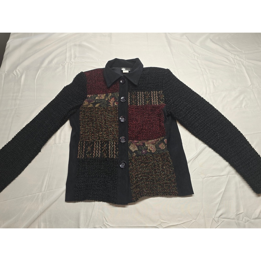 Vintage First Option Patchwork Button Up Cardigan Sweater Knit Top Shoulder Pads
